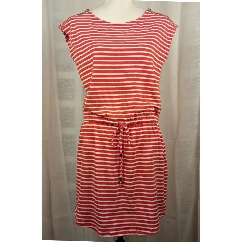 Michael Kors S Red White Striped Zipper Shoulder Drawstring Waist T-Shirt Dress
